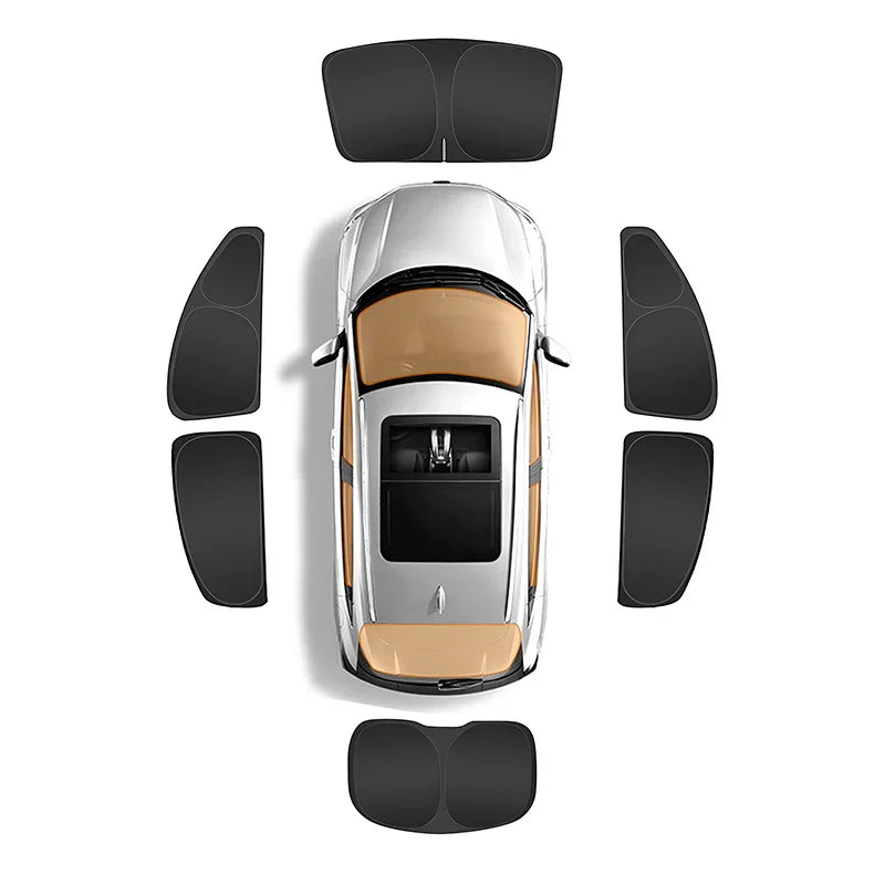 Top-down view of a car with sunshade components displayed around it on a white background.