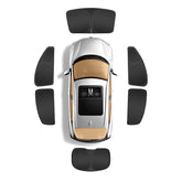 Top-down view of a car with sunshade components displayed around it on a white background.