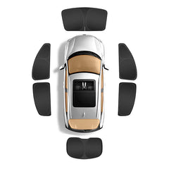 Top-down view of a car with sunshade components displayed around it on a white background.